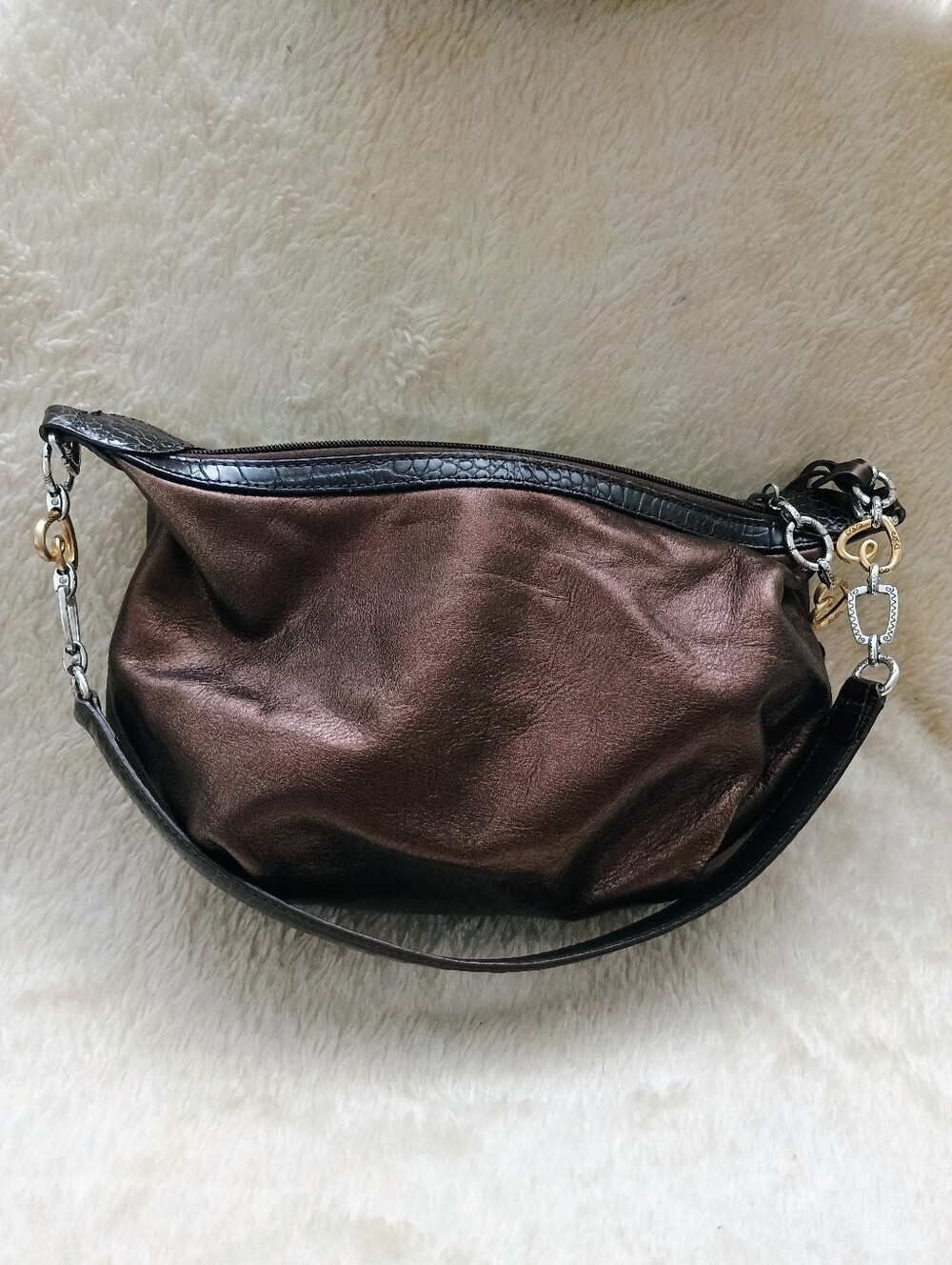 Brighton Metallic Bronze Leather Hobo Shoulder Bag w/ Docs & Charm